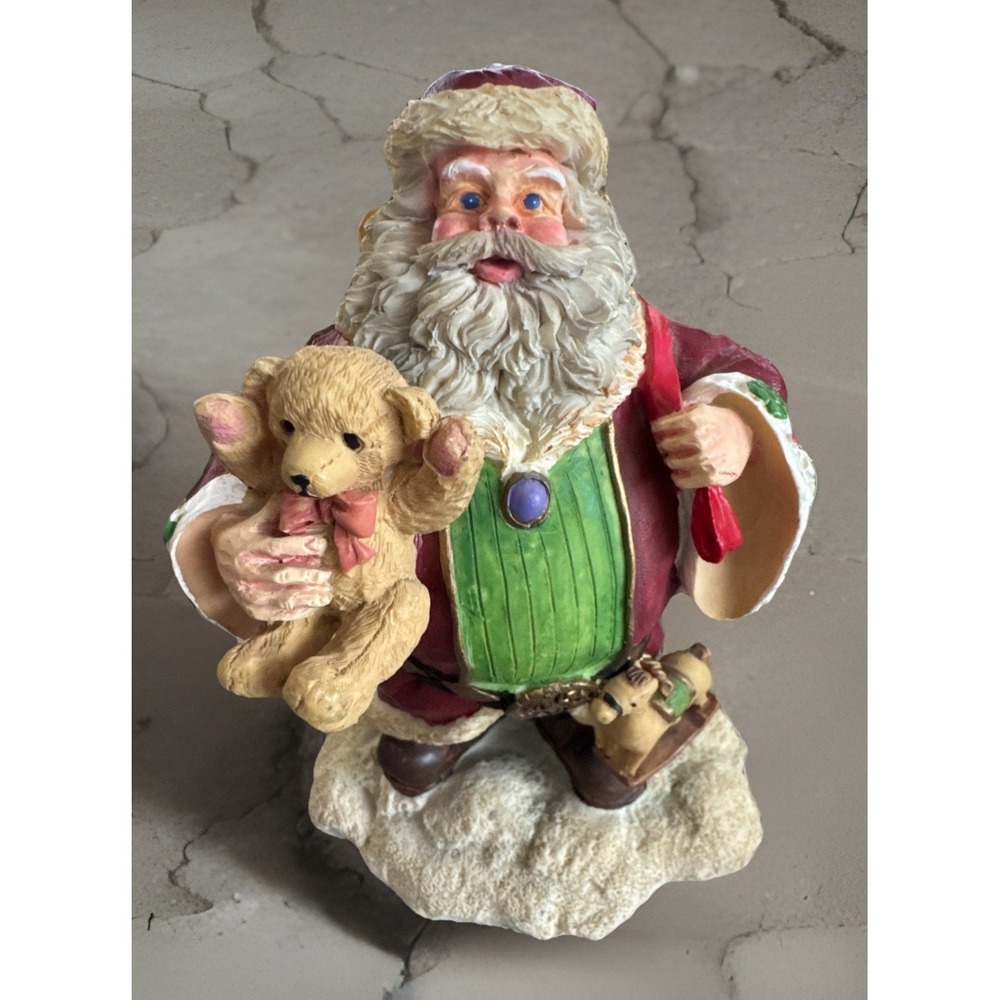 Vtg Santa Claus Figurine with Wooden Sled & Drum Hand-Painted Christmas Décor